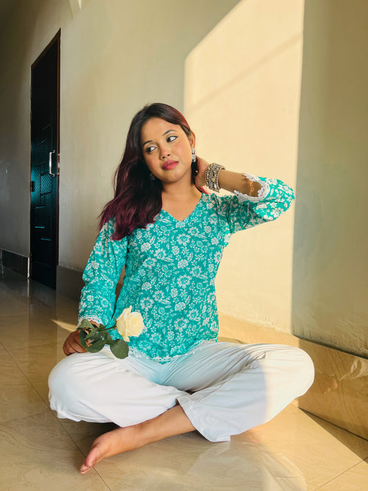 Teal Blossom Kurti