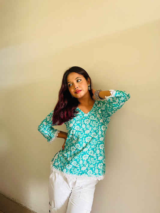 Teal Blossom Kurti
